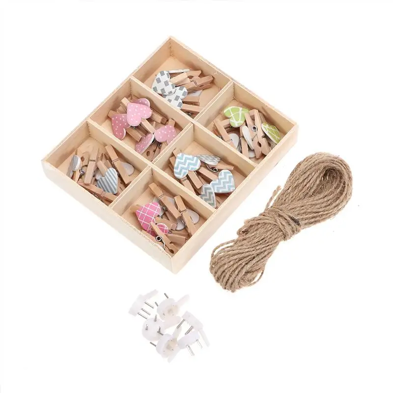 

30PCS Photo Pegs Heart Shape Unique Decorative Mini Cute Clothespins Photo Paper Pegs Pin With Hemp Rope And Nails