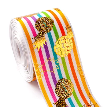 

3"75mm 10yard gold laser foil pineapple on heat transfer colorful stripe Grosgrain Ribbon