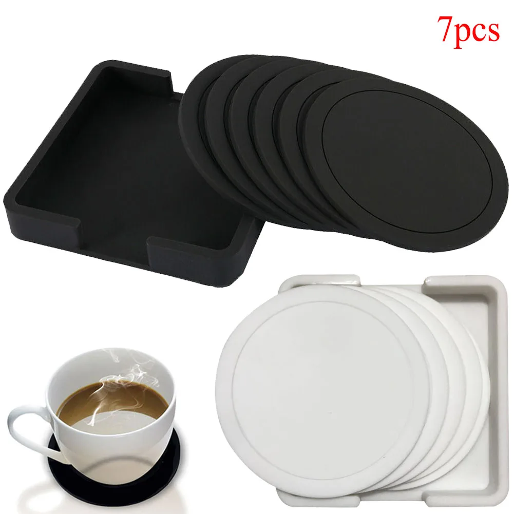 

7Pcs Non-slip Silicone Drinking Coaster Set Holder Cup Coaster Mat Set Round Coffeee Cup Mat Set Black Tabletop for Home Office