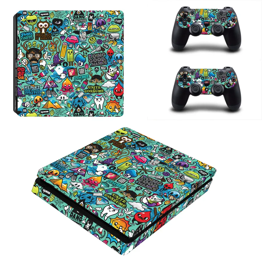 Cool Graffiti Style Skin Sticker for PS4 Slim PlayStation 4 Slim Console & Controllers Decal Vinyl Skins Accessories 
