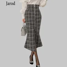 Новинка, Женская Весенняя клетчатая твидовая облегающая юбка русалки, юбки с высокой талией, сексуальная элегантная повседневная юбка OL