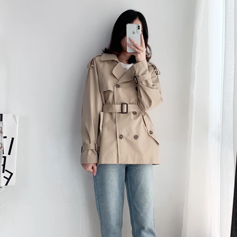 

Plus Size Women's Casual Khaki Short Trench Coat Fashion Double Breasted Spring Windbreaker Female Loose Solid Color Outwear