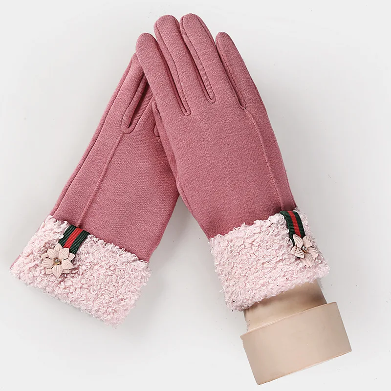 013F-pink Женские модные теплые хлопковые перчатки для сенсорного экрана перчатки женские зимние перчатки Цветочные кружевные варежки с бантом - Цвет: 013F-pink