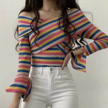 

Korean Style Slash Neck Sweaters Women Off-shoulder Striped Cross Over Knit Pullover Jumper Pink Sweater свитер женский M9D301Y