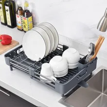 Stainless Steel Dish Drying Rack Adjustable Kitchen Plates Organizer with Drainboard over Sink Countertop Cutlery Storage Holder