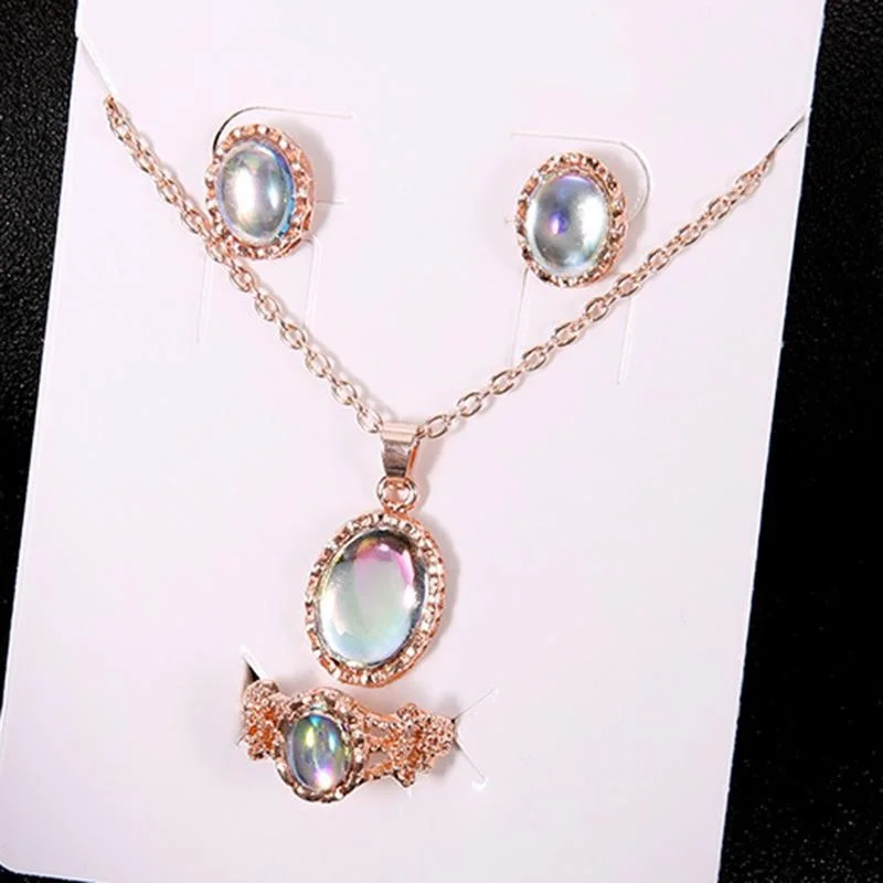 3 pcs/set of Natural Opal Jewelry Set Crystal Pendant Necklace Earrings Ring Set - Image 5