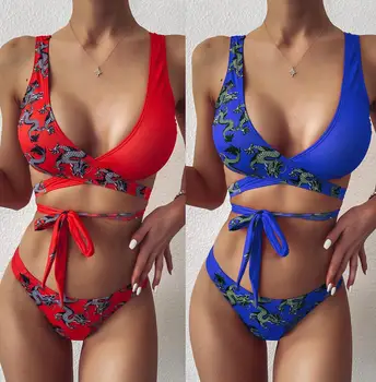 

2020 Dragon Printed Bikini Female Swimsuit Women Swimwear Two-pieces Bikini set Wrap Around Bather Bathing Suit Swim Lady New