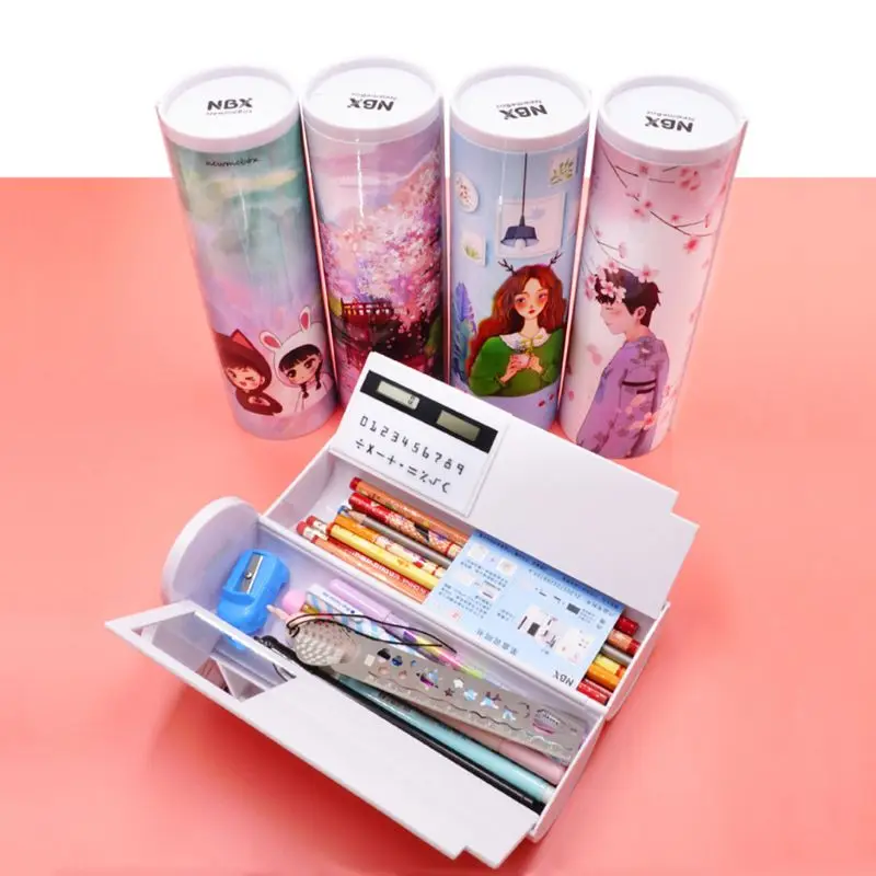 Creative Whiteboard Pencil Case With Solar Calculator Magnetic Switch Kawai Cartoon Pen Box School