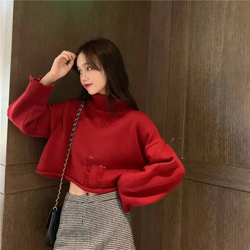 autumn winter clothes women sweaters casual loose crop top Hole turtleneck pullovers Korean style plus size knitted ladies tops