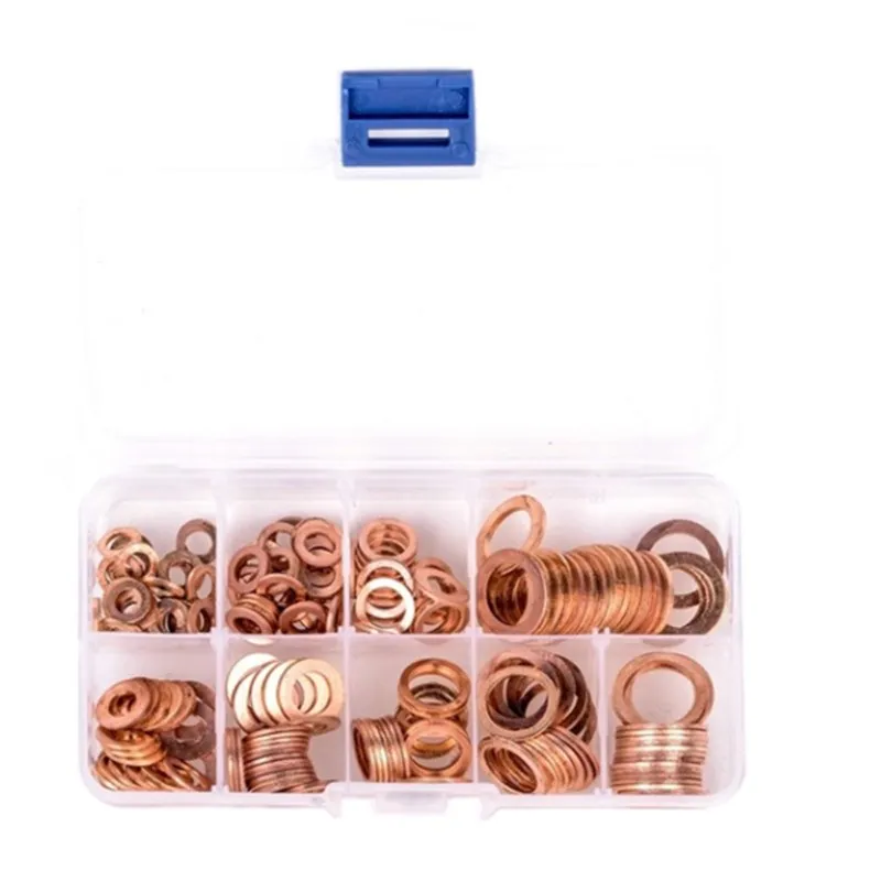 

NEW 200Pcs copper Washer Gasket Nut and Bolt Set Flat Ring Seal Assortment Kit with Box //M8/M10/M12/M14 for Sump Plugs