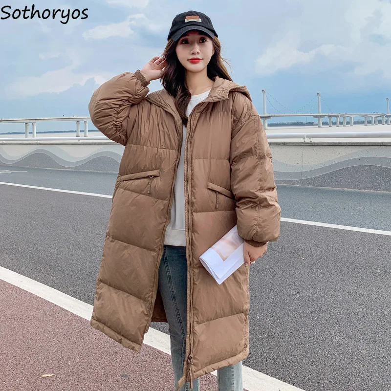 

Winter Hooded Long Style Parkas Women Simple Chic Loose Straight Wadded Outerwear Female Heating Tender Stylish Windbreaker Cozy