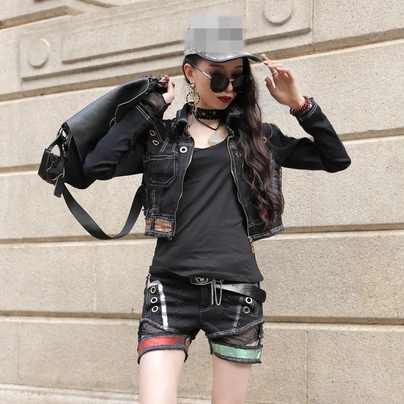 

Gothic Punk Style Mesh Patchwork Women 3Pcs Outfits Top Quality Long Sleeve Slim Fit Short Jacket Coat Hole Ripped Hot Shorts