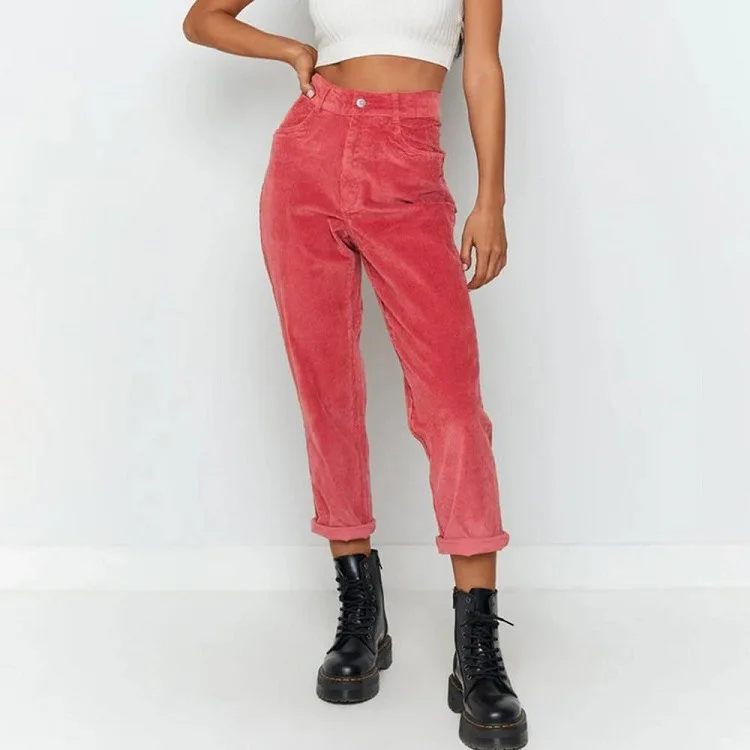 

Straight Pants Women High Waist Trousers Large Pocket Pants Vintage Solid Casual Plus Size Pink Polyester Pants 2020 New S-4XL
