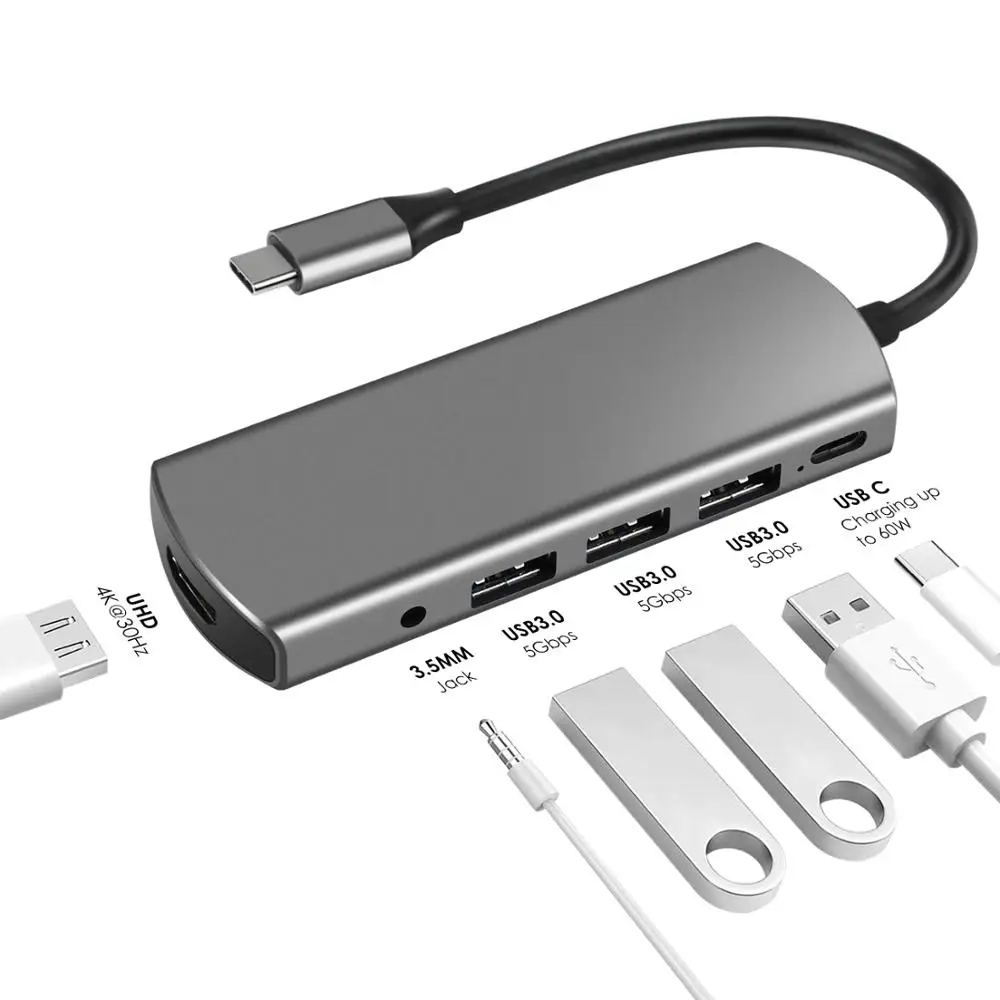 

AIREACH USB C Type C to HDMI 3USB 3.0 AUX Type c Adapter 3.1 Male to HDMI Female Cable Adapter Windows XP/Vista/7/8 6 in 1