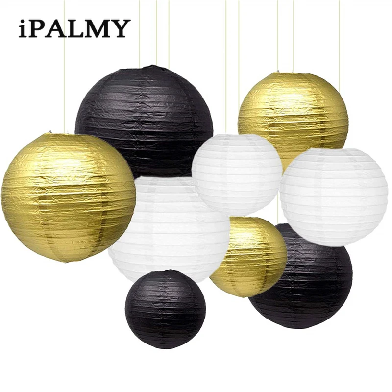 

ipalmay Gold Black and White Hanging Round Paper Lanterns 8-10inch for Wedding Baby Shower Events Birthday Party Indoor Outdoor