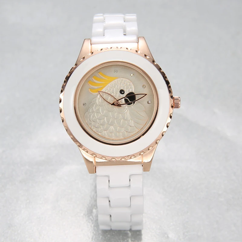 Luxury Women Ceramic Wristwatch Quartz Watch Dress Painted Emboss Parrot Animal Parttern Ladies Girls Clock Rreloj Mujer afbeelding