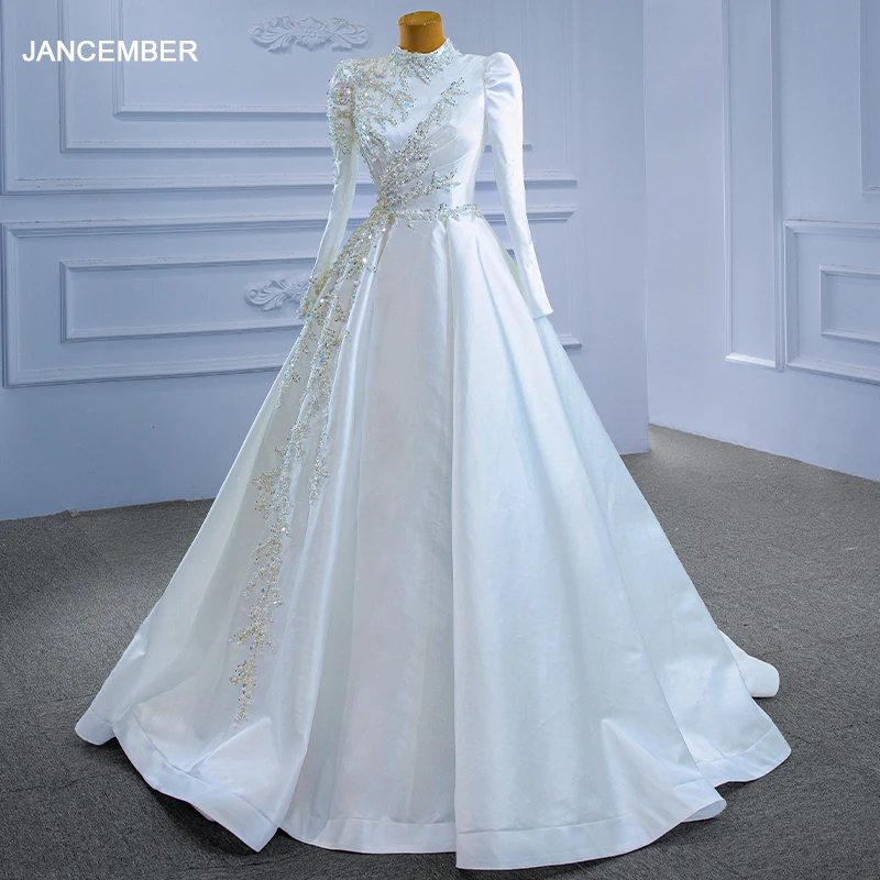 RSM67396 satin wedding dress 2021 bridal long sleeve wedding dress plus size with beads and sequins vestido de noiva princesa 1