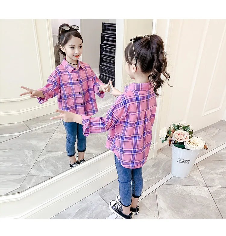Детская рубашка для девочек; коллекция года; Осенняя клетчатая Детская рубашка с длинными рукавами в Корейском стиле