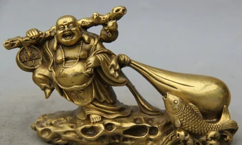 

7" Chinese Brass Happy Laugh Maitreya Buddha Money Bag Fish Wealth Rich Statue S0706 (B0328)