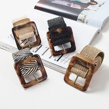 

Womens Retro Stretch Wood Grain Buckle Waist Belt Wide Braided Elastic Waistband(Button colors are random)