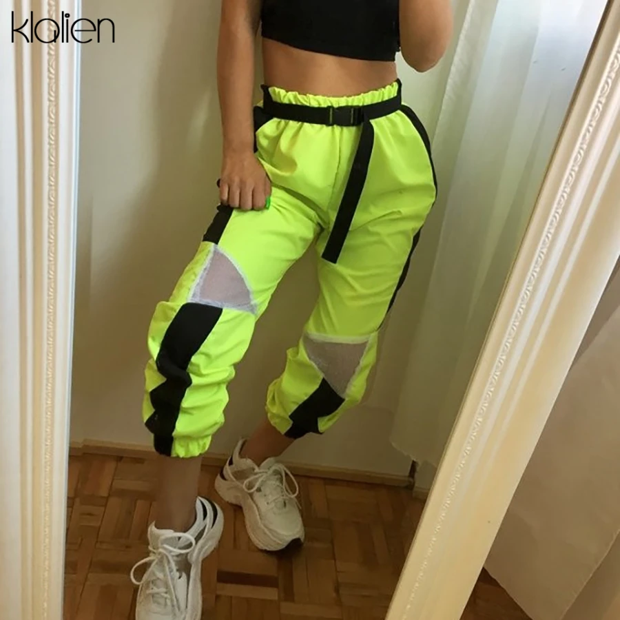 Klanien осенние модные неоновые зеленые брюки женские свободные повседневные прямые брюки горячая высокая талия активная уличная одежда широкие брюки