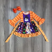 Halloweenосень/зима для маленьких девочек Призрак Череп тыква в полоску фиолетовый детская одежда пояс молочного шелка оборками матч лук до колена
