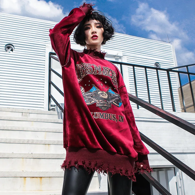 

Rhinestones Winter Hoodie Sweatshirt Women 2019 Oversized Warm Velour Patchwotk Tear Hem Thick Coat Turtleneck Long Streetwear