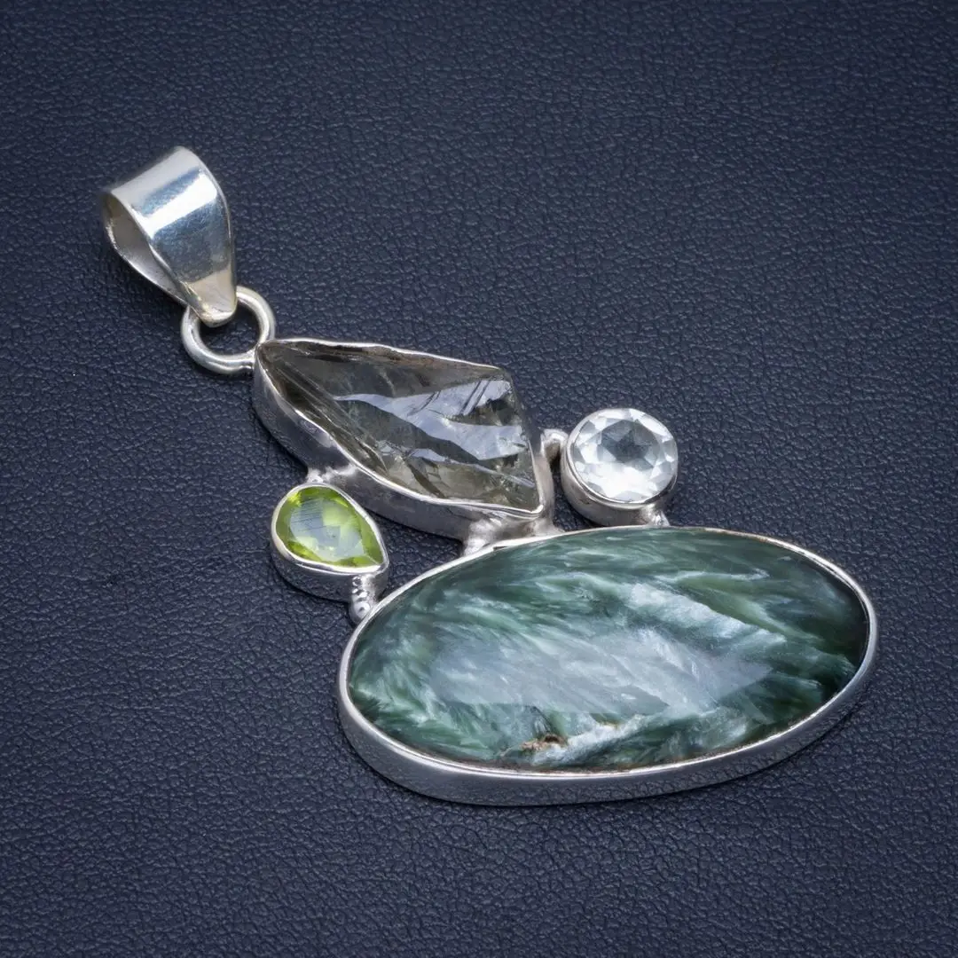 

Natural Seraphinite,Green Amethyst,White Topaz&Peridot Handmade 925 Sterling Silver Pendant 2" B3157
