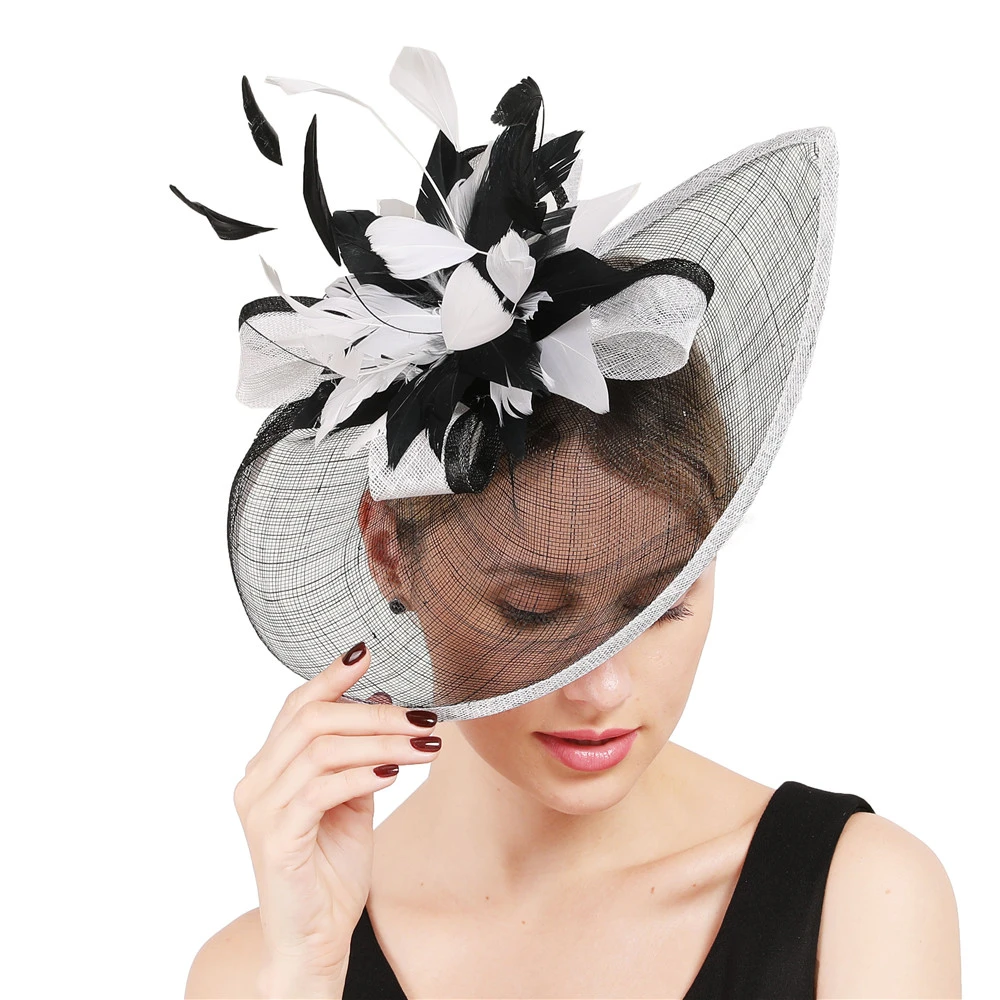 HiDecorRoom Large Flower Feather Wedding Hat Imitation Sinamay Fascinators with Special Shape Womens Church Fedoras 