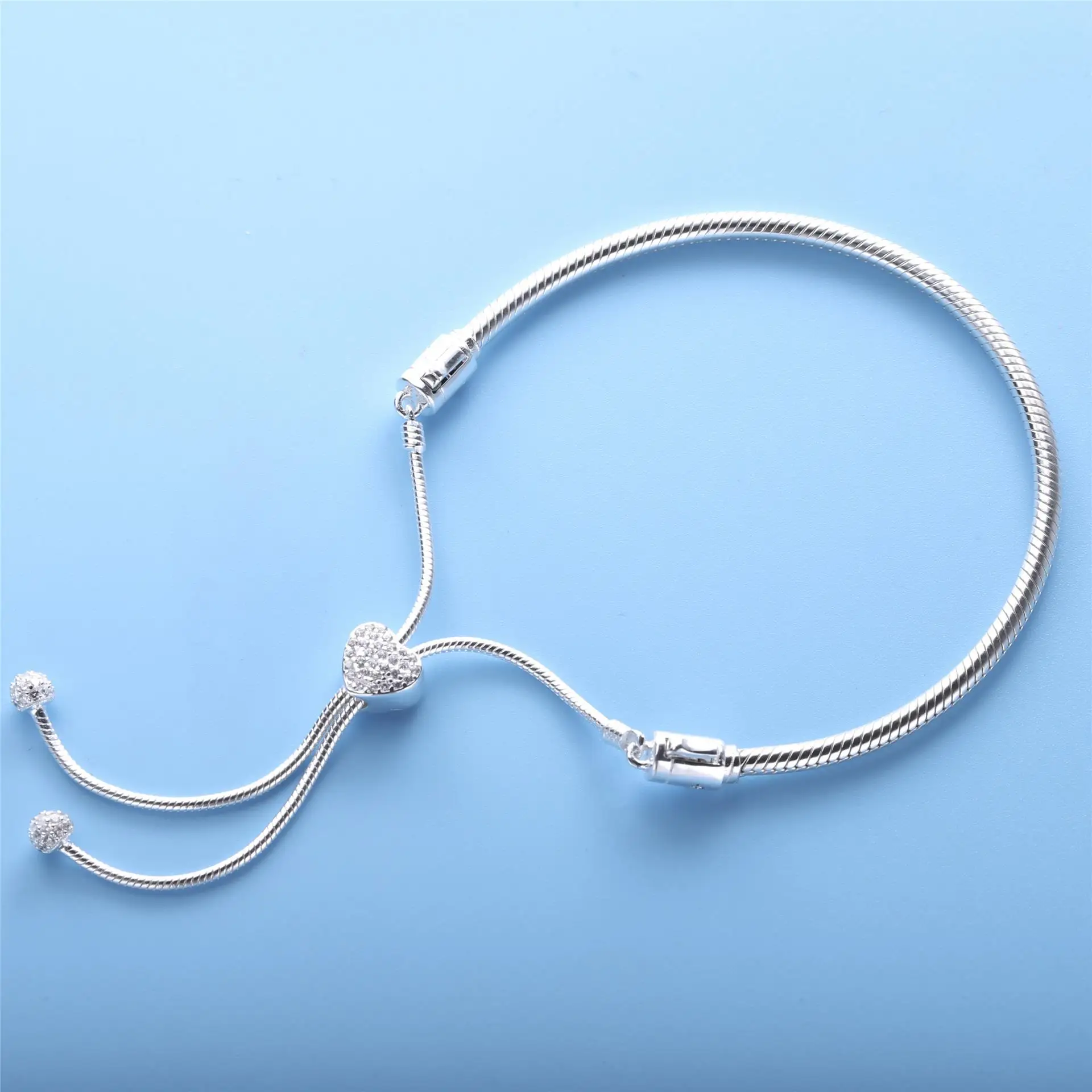 

2020 New Real 925 Sterling Silver Moments Heart Clasp Star Snake Chain Slider Bracelet Pan Bracelets Woman Jewelry Gift