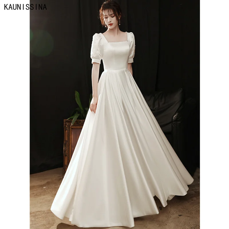Kaunissina Simple White Satin Wedding Dress Boho Square Collar Beaded