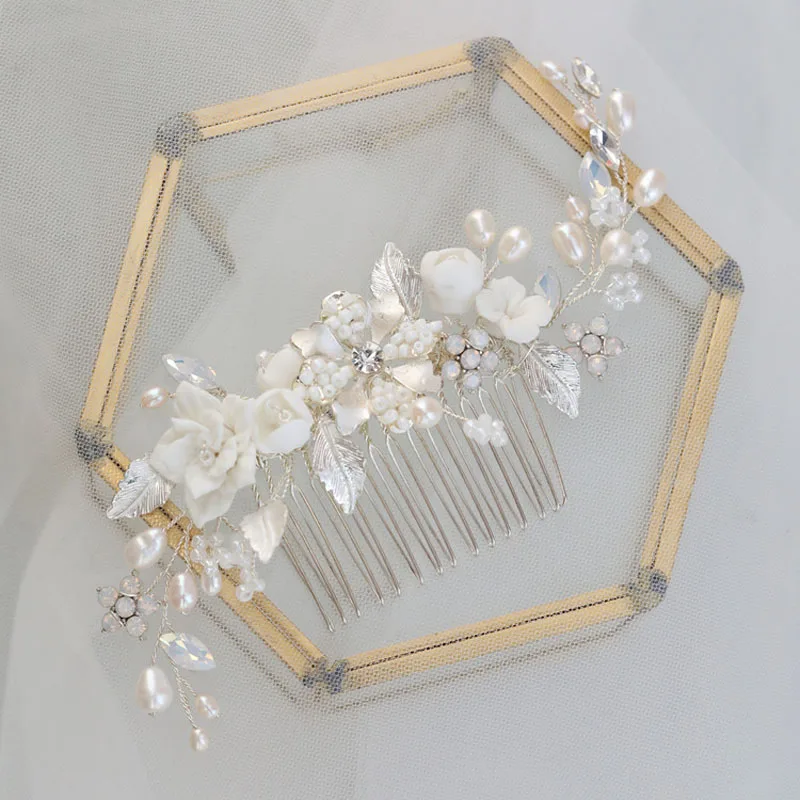 Floralbride Handmade Freshwater Pearls Ceram Flower Bridal Hair Comb Wedding Headdress Hair Accessory Bridesmaids Women Jewelry