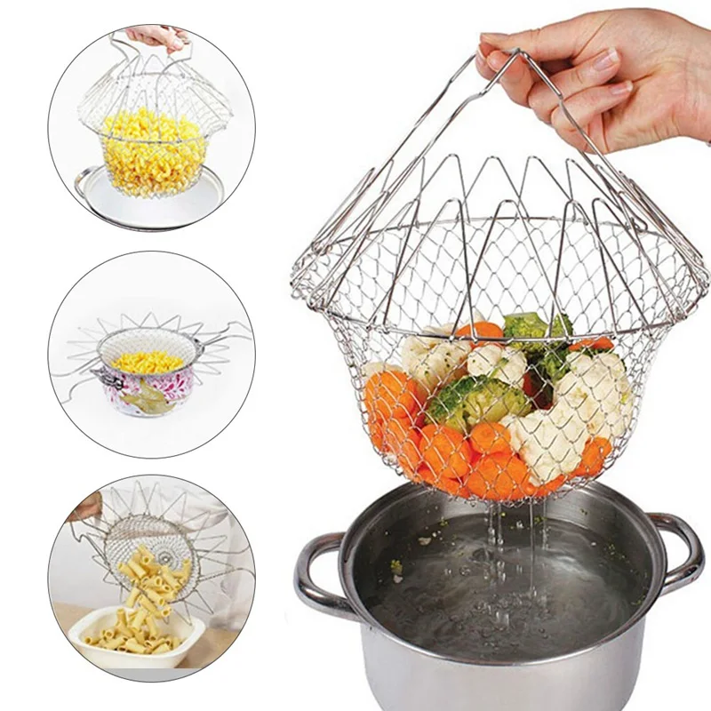 Foldable Steam Rinse Strainer Stainless Steel Colander Basket Drainer Frying French Fryer Tool Kitchen Cooking Basket