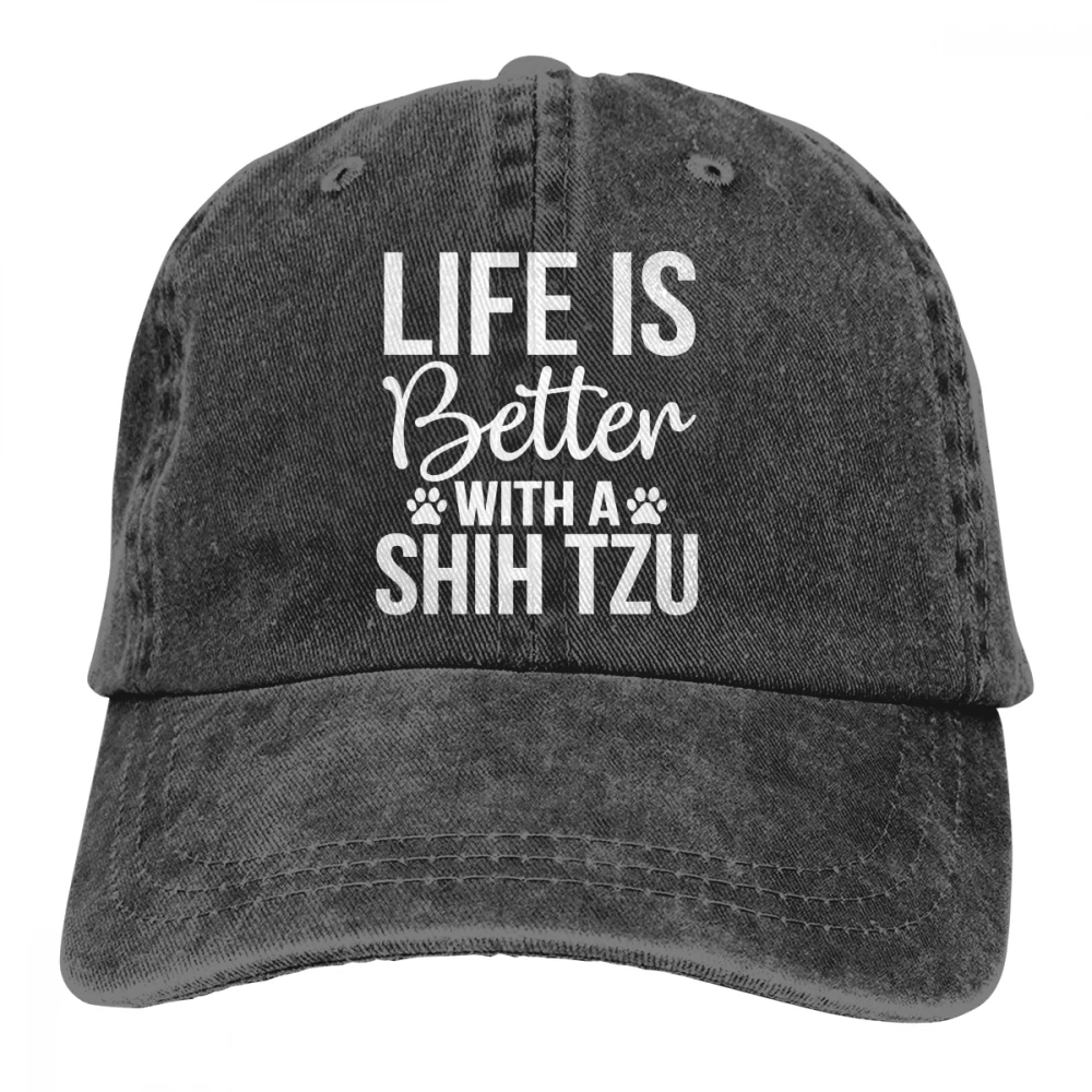 Жизнь лучше с Shih Tzu Casquette черный унисекс Мужские Женские джинсовые бейсболка с ремешком кепки Регулируемый Гольф папа шляпа