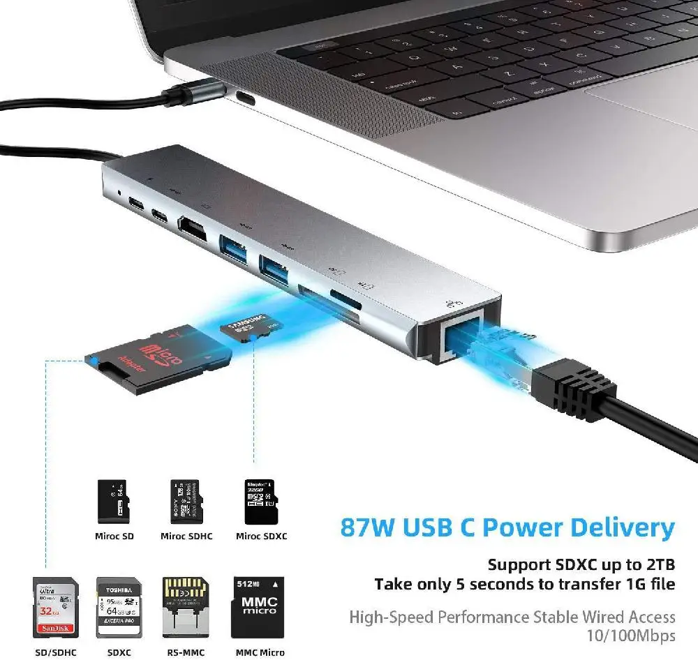 8-в-1 Тип с разъемами типа C и HDMI концентратор RJ45 Тип-C сетевой карты док-станция USB разветвитель со считывателем карт аудио-видео конвертер ПК внешние аксессуары
