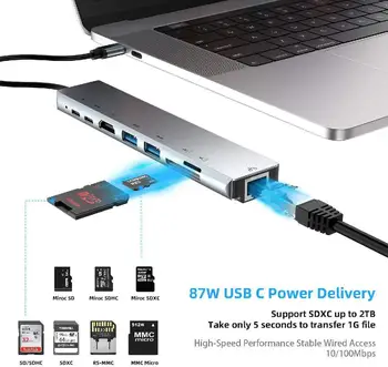 

8-in-1 Type-C To HDMI Hub RJ45 Type-C Network Card Docking Station Hub Card Reader Audio Video Converter PC External Accessories