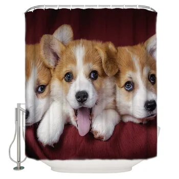 

Three Puppies On A Red Blanket Shower Curtain Waterproof Polyester Fabric Bathroom Decor Printed with 12 Hooks