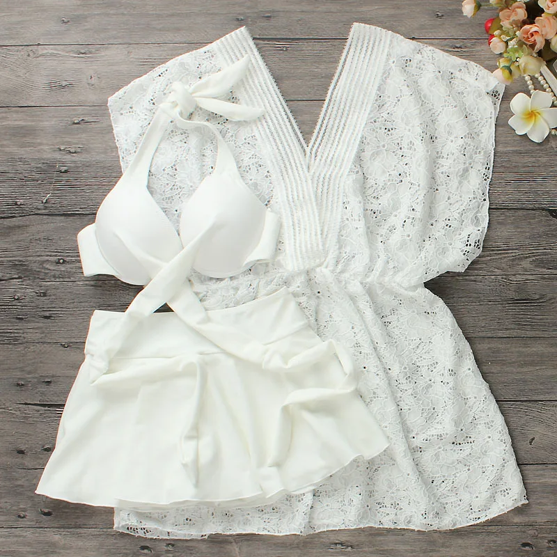 2022 New Women White Three Piece Swim Bikini Set Summer Sexy Push Up Swimwear Bathing Suit