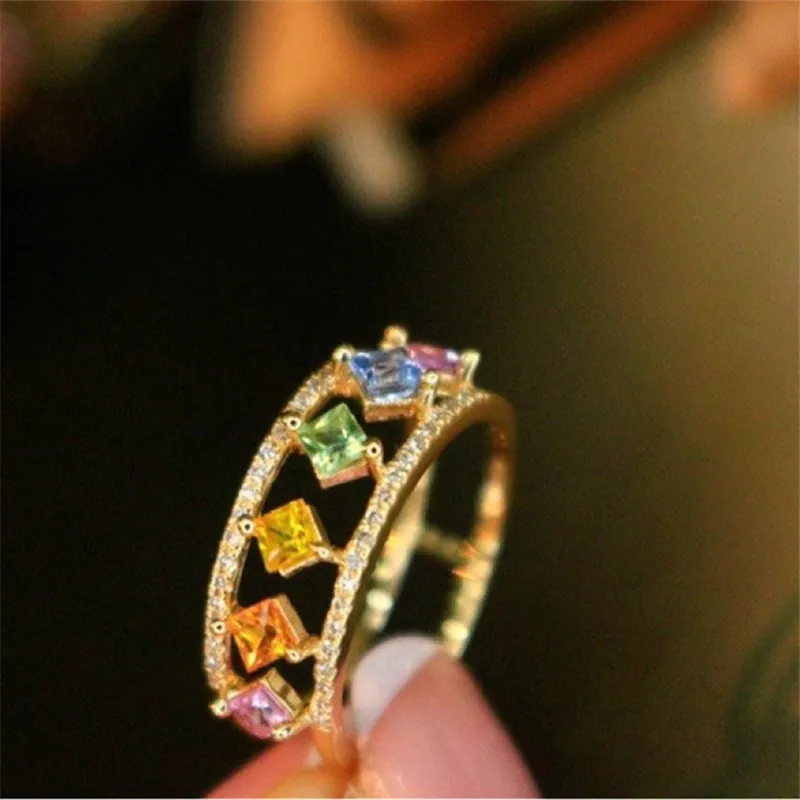 

UBESTNICE Natural Sapphire Rainbow Rings Real 18K Gold Yellow Gold AU750 Fine Jewelry Diamond Hollow Geometric Women Ring