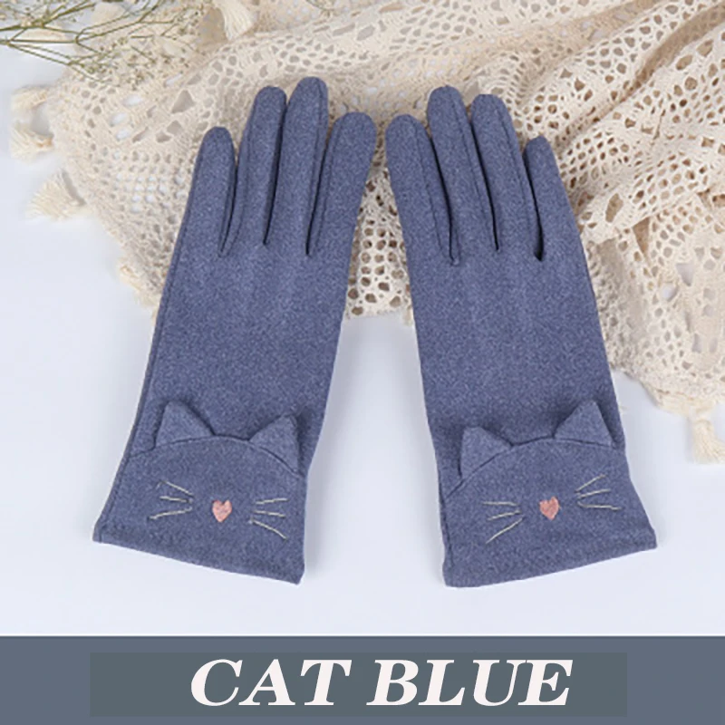 Записи Чтения и вождения теплые Перчатки с Чувствительный сенсорный экран каблуке-шпильке с отделкой прелестными Перчатки женские эластичные прекрасные перчатки в зимний период - Цвет: cat blue