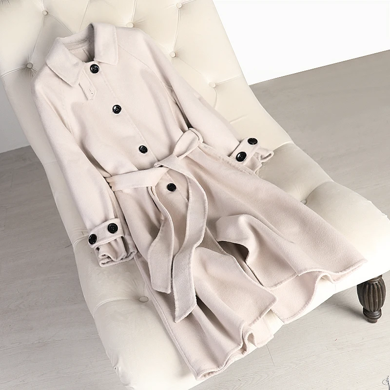 

New double-sided cashmere overcoat autumn winter of 2019 wool coat for women belt button turn-down collar slim solid jackets