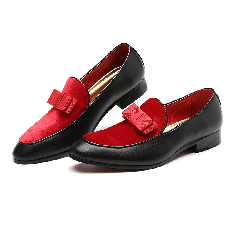 

Pop Men Formal Shoes Bowknot Wedding Dress Male Flats Gentlemen Casual Slip On Shoes Black Patent Leather Red Suede Loafers R877