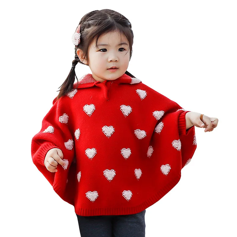 1-4Years Girl Sweater Coat Winter Jacquard Small Love Figure Hooded Cute Girl Knitted Outerwear Kids Warm Cloak Coat