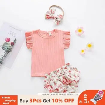 

Bear Leader Beautiful Girl Summer Pants Outfits 2PCS Set Solid Knitted Pullover + Print Shorts 6-24M Gilrs Casual Clothing Suits