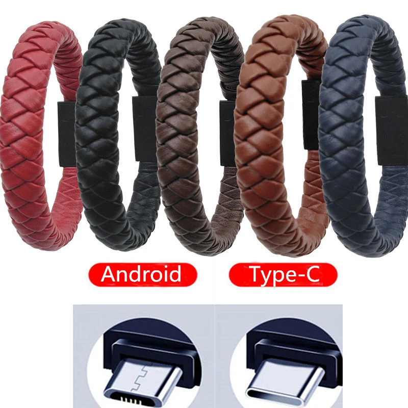 

Outdoor Portable Leather Mini Type-C Micro USB Bracelet Charger Data Charging Cable Sync Cord For Android For Samsung S9 S8