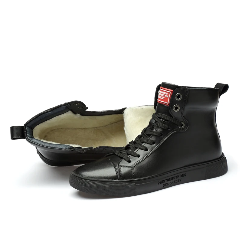 Популярная прогулочная обувь из натуральной кожи; Мужская молодежная Повседневная обувь; высокие мужские модные кроссовки; кожаные мужские кроссовки на плоской подошве - Цвет: Black fur
