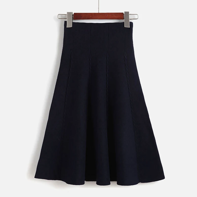 Navy Blue Эластичная трикотажная Женская юбка, осень, высокая талия, однотонная зеленая трапециевидная юбка для женщин, плиссированная уличная одежда, миди женская нижняя часть - Цвет: Navy Blue