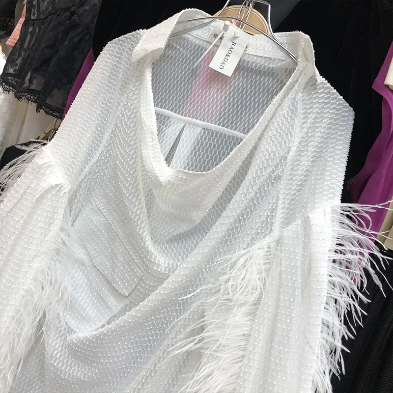 Осенняя белая блузка, рубашка с перьями, женский французский дизайн, модный пуловер из страусиной шерсти, Blusas, свободный женский топ