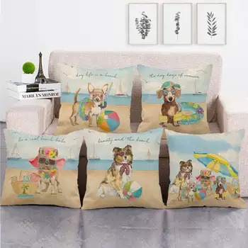 

45cm*45cm dog on the beach design linen/cotton throw pillow covers couch cushion cover home decor pillow