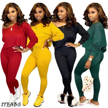 

Womens Off Shoulder Long Sleeve Top Blouse Leggings Pant Two-Piece Outfit